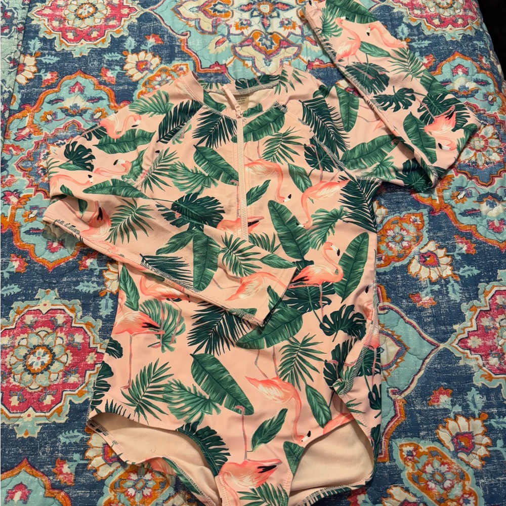 Old Navy Tropical Leaf &🦩Flamingo Zip Swimsuit